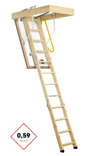 Dachbodentreppe Polar Extrem mit wärmegedämmter weißer Deckelklappe, dreiteiliger Holzleiter und robustem Lukenkasten aus Holz. Die Treppe verfügt über eine Wärmedämmung von 0,59 W/m²K sowie über einen gelben Sicherheitsgriff und stabile Metallbeschläge.