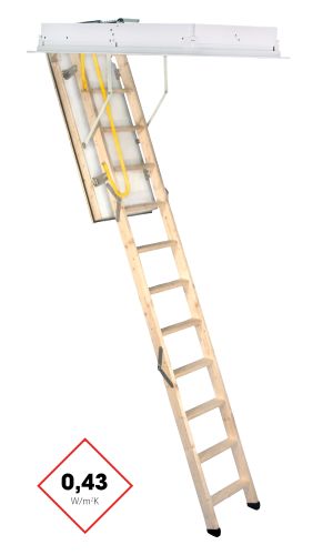 Dachbodentreppe Euro Trend Profi mit isolierter, weißer Deckelklappe, 3-teiliger Holzleiter und umlaufendem Lukenkasten. Die Treppe bietet eine Wärmedämmung von 0,43 W/m²K und verfügt über einen gelben Sicherheitsgriff sowie stabile Metallstreben zur Unterstützung beim Öffnen.