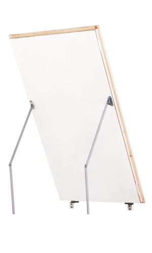 Geöffneter ISO-Oberdeckel ohne Lukenverkleidung für Dachbodentreppe Type 15 Exklusiv. Der weiße Deckel ist von einem Holzrahmen eingefasst und wird durch zwei stabile Metallstützen gehalten.