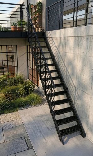 Flex Grid Zink Außentreppe mit 14 verzinkten Gitterroststufen, schwarz pulverbeschichtetem Stahlrahmen und Sicherheitsgeländer. Robuste Außentreppe mit rutschhemmenden Gitterroststufen für Terrassen, Balkone und Gartenzugänge.