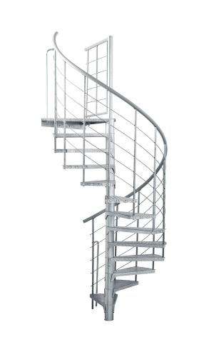 Spindeltreppe Spino Zink Smart aus verzinktem Metall mit rutschfesten Tränenblech-Stufen und Geländer mit vertikalen Stäben, horizontalen Seilzügen und PVC-Handlauf.