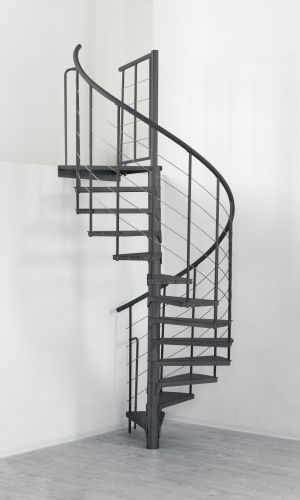Komplettansicht der Außenspindeltreppe Spino Zink Color in Anthrazit. Die robuste Treppe aus verzinktem Stahl mit rutschfesten Stufen eignet sich ideal für den Außenbereich.