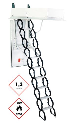 Dachbodentreppe Type 18 Prestige mit Scherentreppen-System aus Metall, weißem Deckel, umlaufender Wärmedämmung (1,3 W/m²K) und EI30-Brandschutzkennzeichnung.