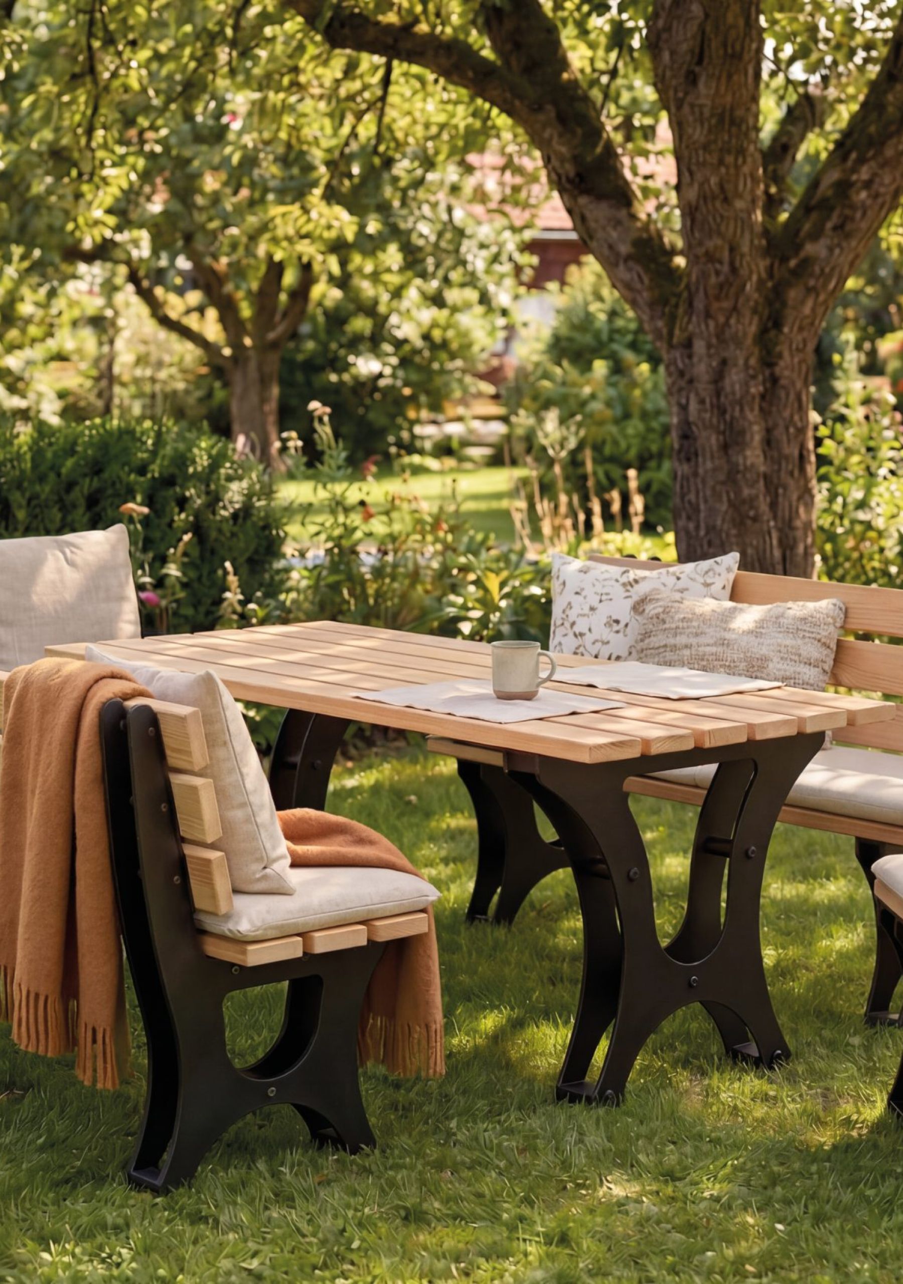 Minka Garden Campo Gartenmöbel-Set mit Tisch, Bänken und Stühlen aus heimischem Lärchenholz sowie schwarzem Stahlgestell – ideal für Garten, Terrasse und gemütliche Sitzbereiche.