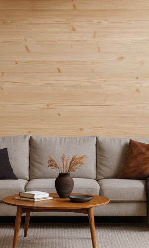 Modern eingerichtetes Wohnzimmer mit beigem Sofa, rundem Couchtisch aus Holz, Stehleuchte und Dekokissen, vor einer Wandverkleidung aus horizontal verlegtem Holz Edelweiss gebürstet von Minka Wood, ergänzt durch Teppich und dezente Wohnaccessoires.
